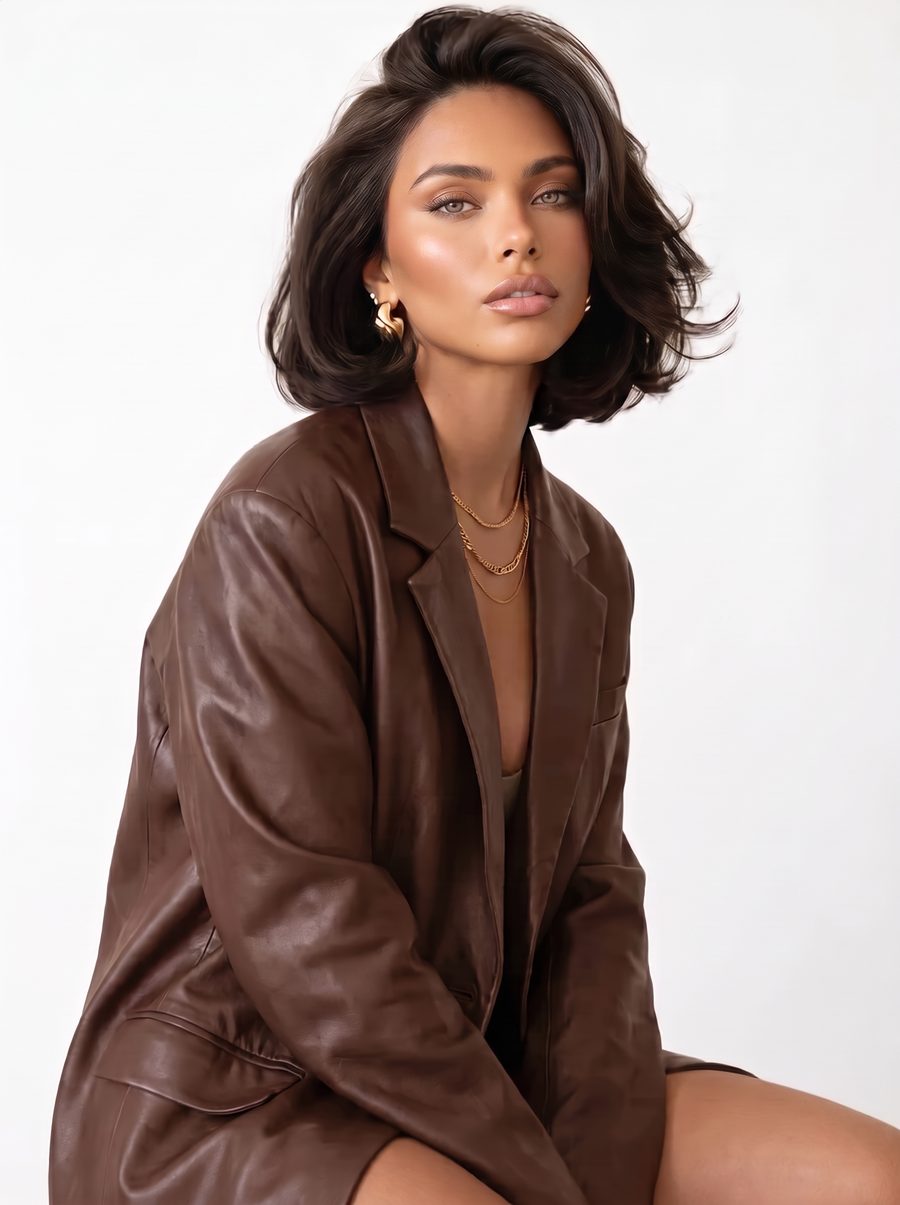 Model met glanzende bruine bob en bruine leren blazer