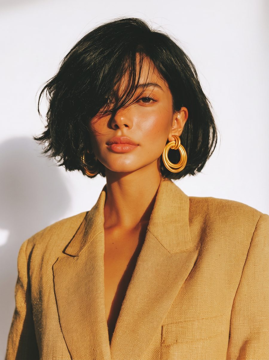 Model met donkere bob, camel blazer en gouden oorringen