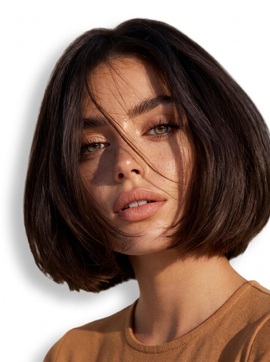 Model met bruine bob in warm licht